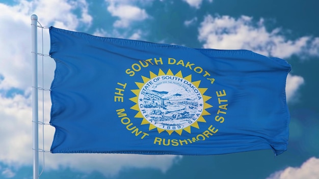 South Dakota flag on a flagpole waving in the wind blue sky background 3d illustration