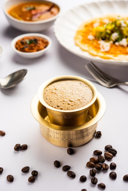 South Indian Filter coffee served in a traditional brass or stainless steel cup