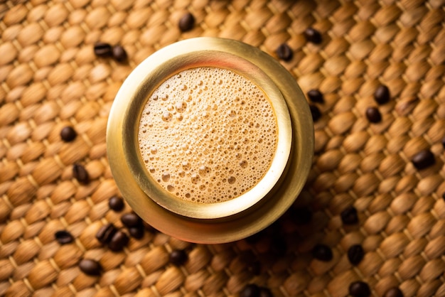 South Indian Filter coffee served in a traditional brass or stainless steel cup