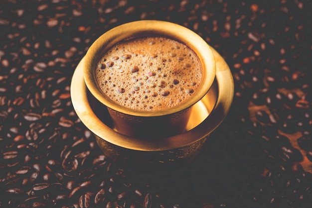 South Indian Filter coffee served in a traditional brass or stainless steel cup