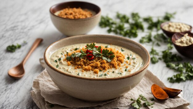 South indian food beautifully presented coconut chutney in an elegant bowl