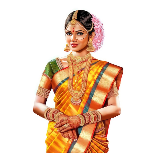 south indian tamil bride adorned in saree and gold jewellery and flowers