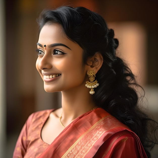 A South Indian woman with a red saree and gold earrings is smiling