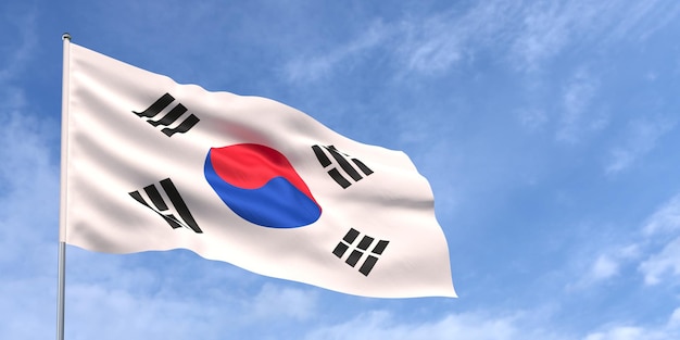 푸른 하늘 배경에 깃대에 한국 국기 구름과 하늘 배경에 바람에 물결 치는 한국 국기 텍스트 3d 그림 장소