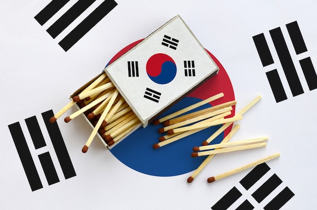 South Korea flag  is shown on an open matchbox, from which several matches fall and lies on a large flag