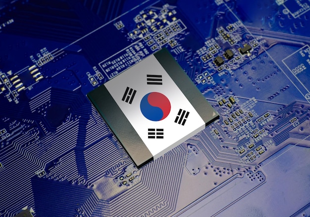 사진 cpu 운영 칩셋 컴퓨터 전자 회로 기판에 한국 국기