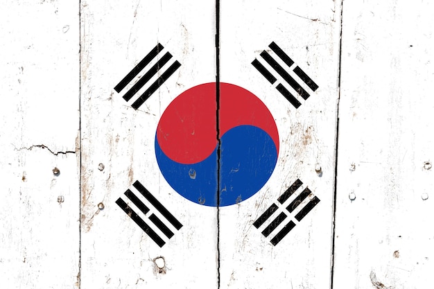 Foto bandiera della corea del sud su una vecchia superficie di legno incrinata rustica