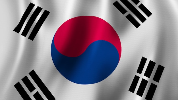 Photo south korea flag waving closeup 3d rendering with high quality image with fabric texture