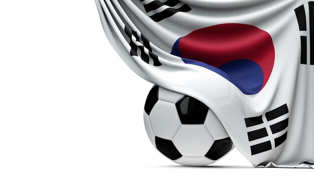 サッカーのサッカーボールに掛けられた韓国の国旗3Dレンダリング