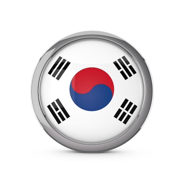 South Korea national flag in a glossy circle shape with chrome frame 3D Rendering