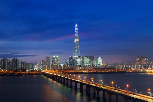 South Korea skyline of Seoul, The best view of South Korea with Lotte world mall at Jamsil.