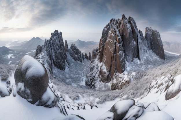 South Korea39s snowcovered Deogyusan Mountains at daybreak in the winter Generative AI