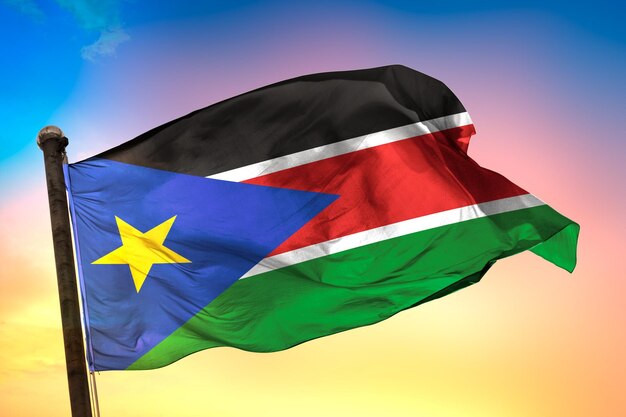 south_sudan country flag, 3d flag, and color background.