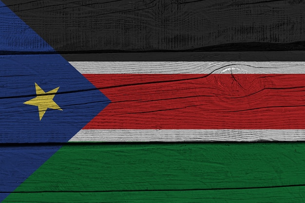 South Sudan flag painted on old wood plank