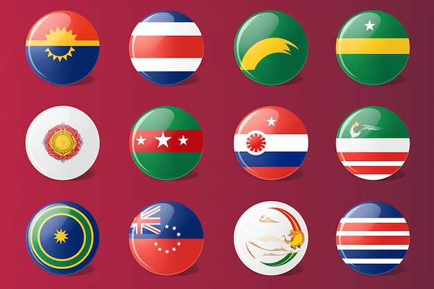 Foto set di bandiere del sud-est asiatico e membri nell'illustrazione dell'elemento di design di botton stlyevector
