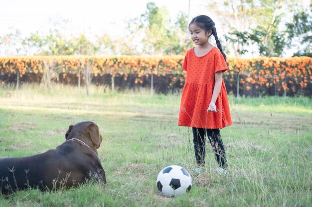 夕方、裏庭の芝生の外で大きな黒い犬とサッカーをしている東南アジアの子供の女の子。ペット愛好家のコンセプト