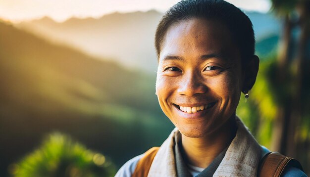 Photo southeast asian man smiling and looking at camera