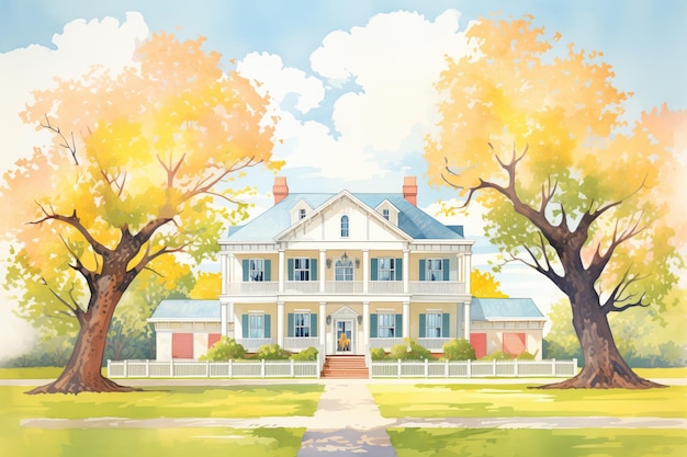 Southern greek revival plantation house with grand oak trees magazine style illustration