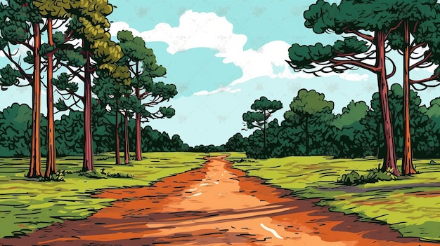 Southern red dirt country road with lush green grass and trees color vector drawing color comic boo