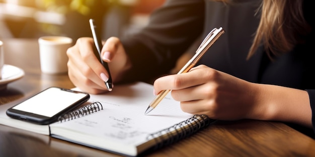 Southpaw write in a notebook Closeup hand of a woman making notes in a notebook Youn Generative AI