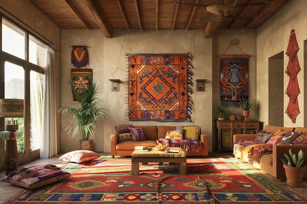 Southwesternstyle living room with tribal patterns