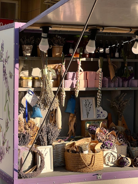 Souvenir shop with lavender soap salt and aromatic bags Provence style