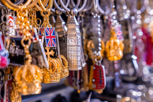 Souvenirs of London hanging at the gift store. London is the most populous city in the UK with 13 million people