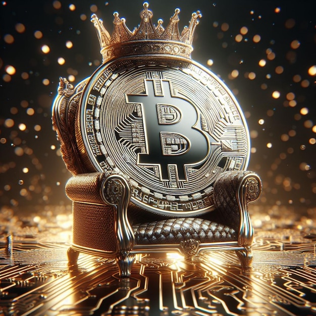 sovereign of codes bitcoin portrayed as a king on a throne of blockchain wearing a crown of encrypt