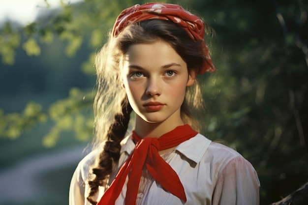 Soviet style beautiful pioneer girl with a red bandagetie at a summer camp