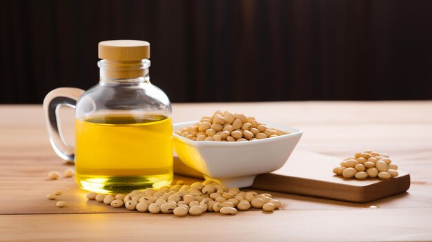 Soy bean and soy oil on wooden table