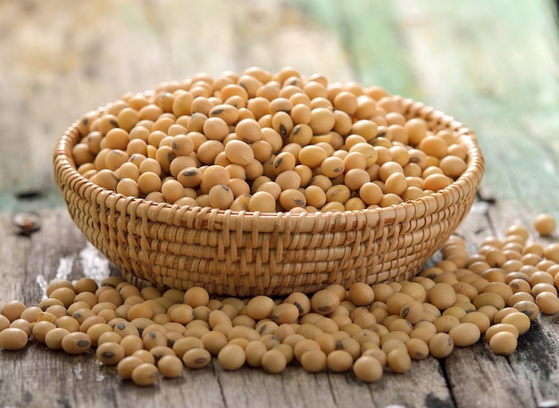 Soy beans in a basket on wooden