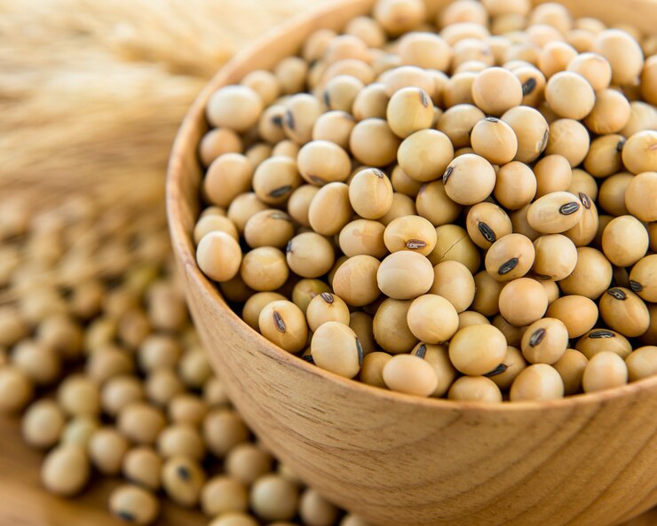 Photo soy beans in wood bowl