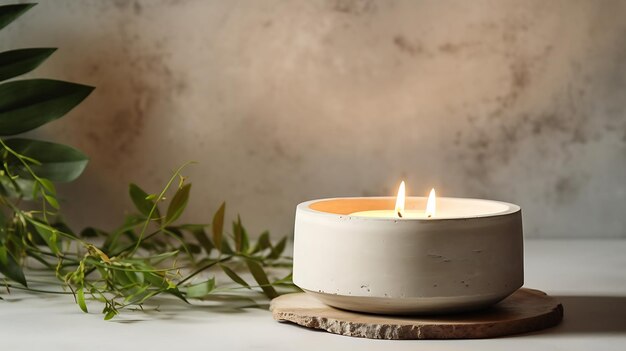 Soy candle in a concrete plaster candlestick decor interior Home decoration with Generative AI