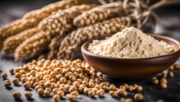 Soy flour in bowl and soybean