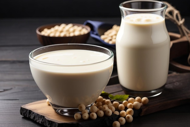 Soy milk on the black wood table