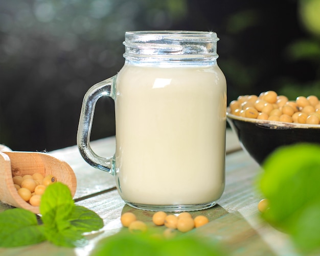 Soy Milk in Glass and Soy Bean in A Bowl. Healthy Concept for non Dairy Milk