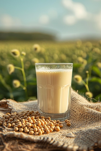 Soy milk in a glass on a table in a soybean field