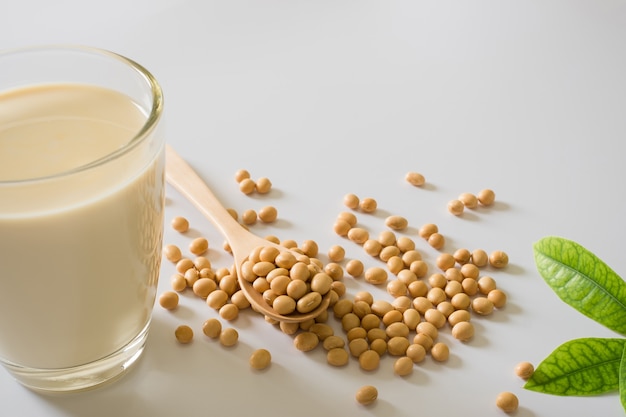 豆乳と大豆それは白いテーブルの背景、健康の概念。大豆の利点。