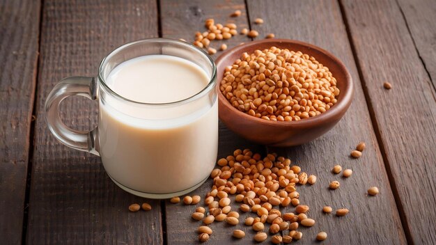 Soy milk and soy bean on wooden table