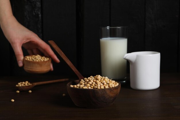 Photo soy milk and soy composition for healthy food concept