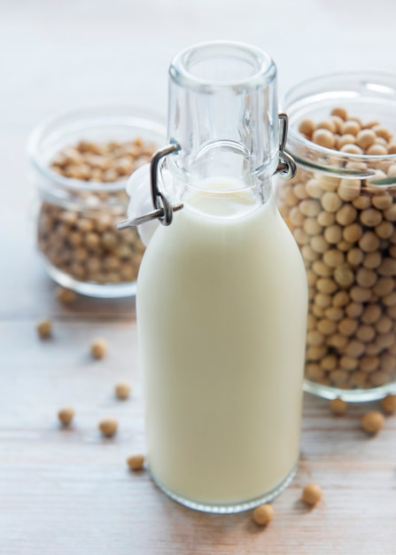 Soy milk and soy on the table  healthy plant product