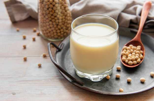 Soy milk and soy on the table  healthy plant product