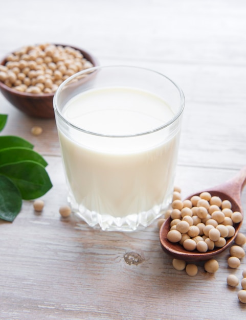 Soy milk and soy on the table  healthy plant product