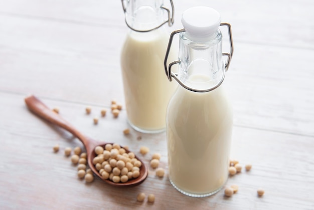 Soy milk and soy on the table - healthy plant product