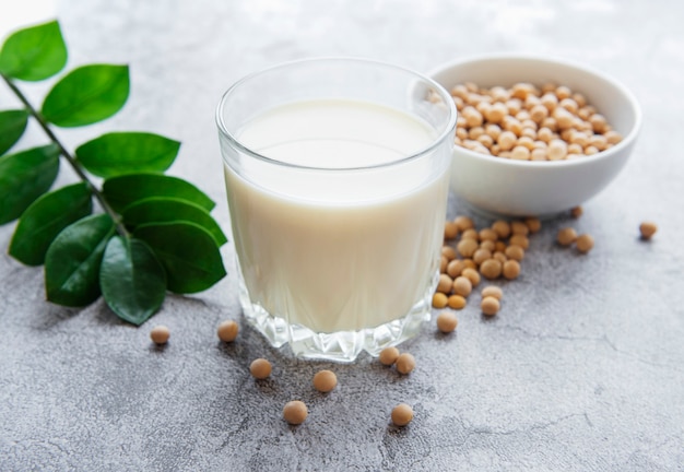Soy milk and soy on the table  healthy plant product