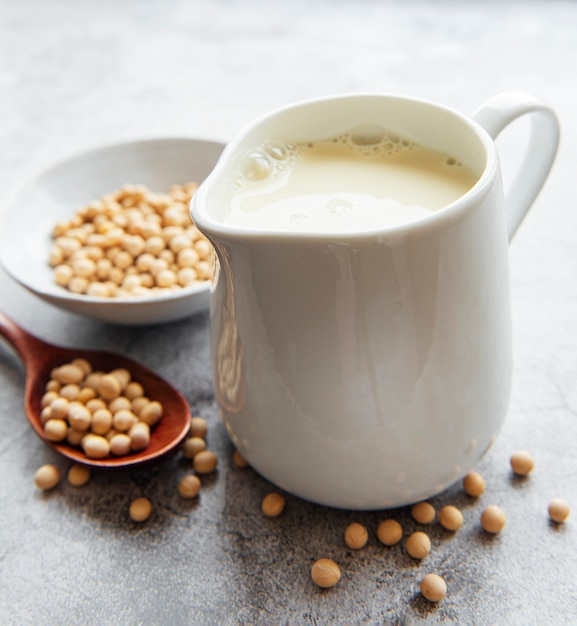 Soy milk and soy on the table - healthy plant product