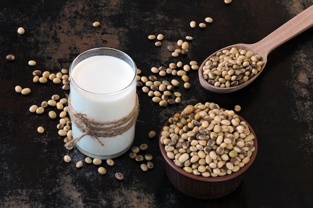 Soy milk and soybeans. vegan milk