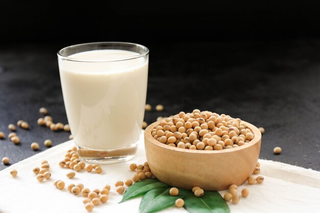 Soy milk with soybeans on dark