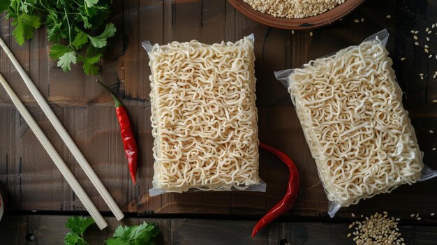 Soy noodles in plastic bags with chopsticks on wooden table Traditional asian food