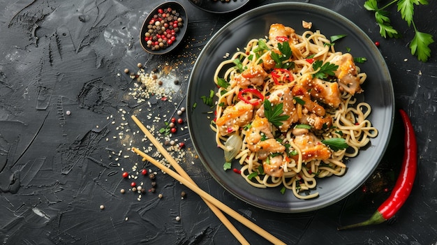 写真 黒い背景の上部の写真に肉と野菜が付いた大豆ヌードル